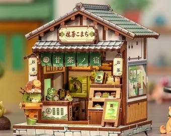 DIY Japanese Book Nook Kit Matcha Store Ramen Seafood Wooden Miniature House Bookshelf Insert with LED Lighting Home Decor Craft Gift