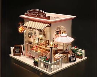 DIY Miniature Dollhouse Kit: Coffee Shop Cafe Chocolatier with LED Light