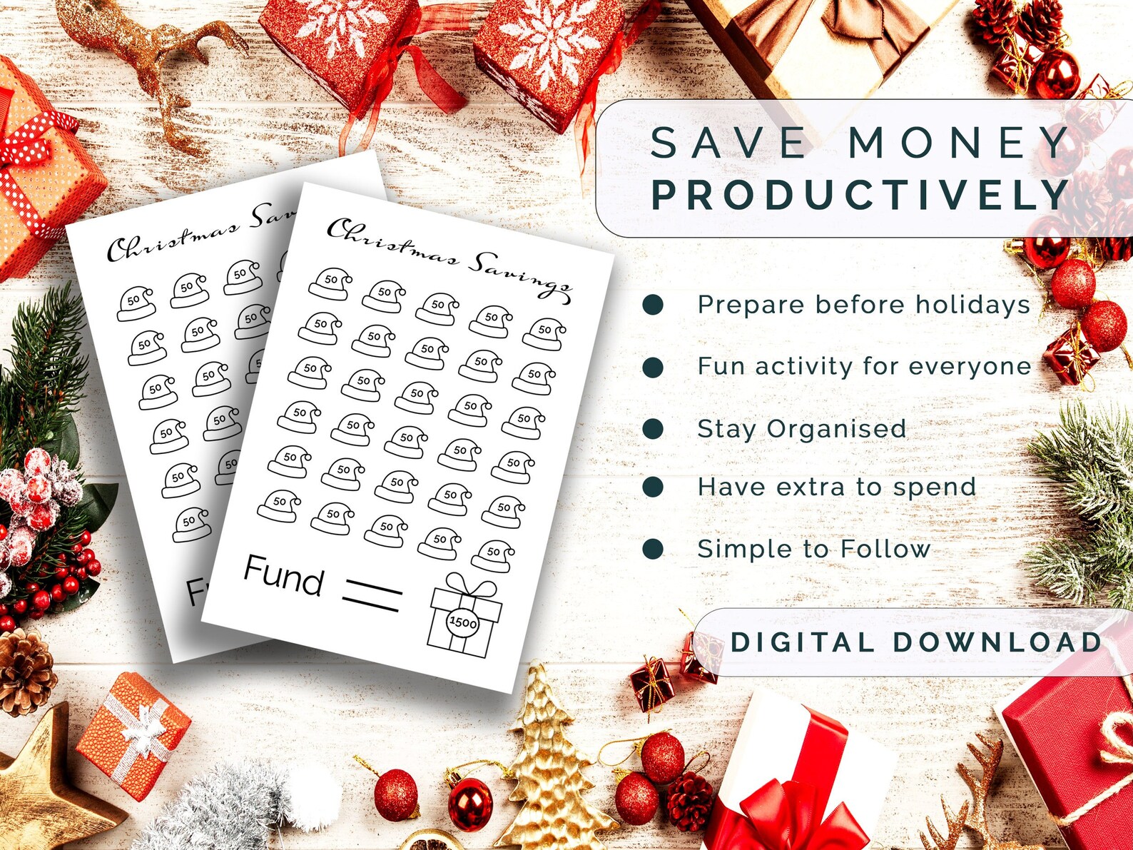 Christmas Savings Challenge Printable, Christmas Funds, Christmas