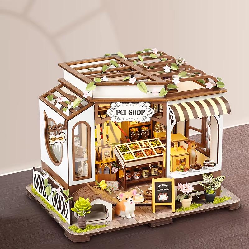 DIY Mini Dollhouse Pet Shop: 3D Wooden Puzzle Bookshelf Decor