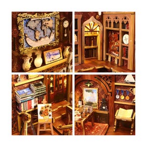 May include: A detailed miniature dollhouse interior with a library theme. The dollhouse features a wooden world map, bookshelves, a clock, and a small easel with a painting. The colour scheme is warm, with rich browns and gold accents.