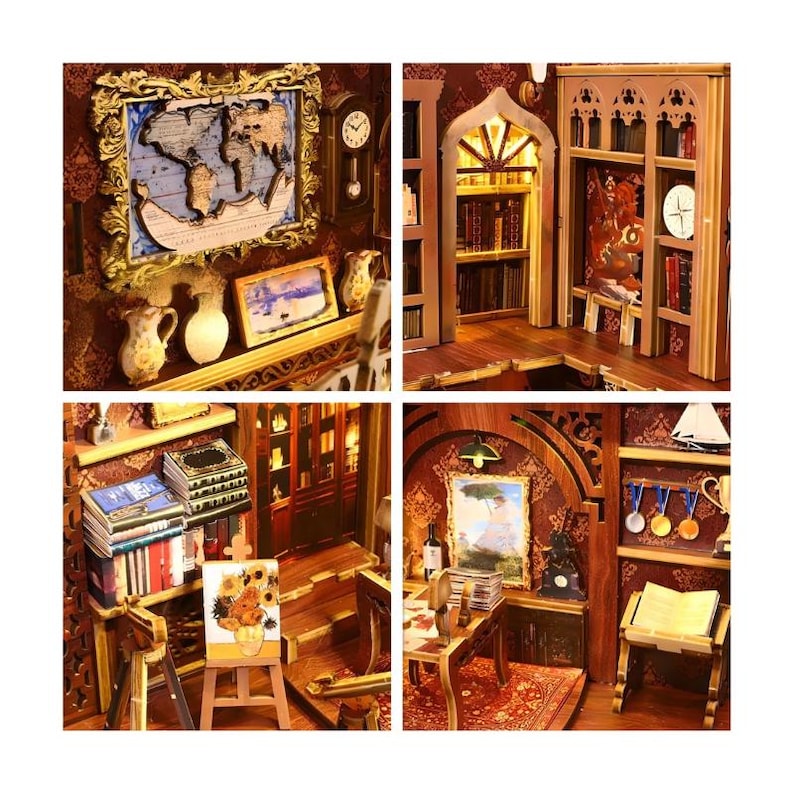 May include: A detailed miniature dollhouse interior with a library theme. The dollhouse features a wooden world map, bookshelves, a clock, and a small easel with a painting. The colour scheme is warm, with rich browns and gold accents.