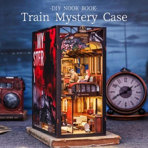DIY Book Nook Train Mystery Bookshelf Insert Wooden Home Decor Miniature Dollhouse 3D Wooden Puzzle DIY Wooden Model Kit Gift Dust Cover