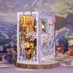 DIY Book Nook Kit with Sensor Light Floral Theme Puzzle Gifts Fun 3D Wooden Puzzle Bookshelf Decor Miniature Puzzle Bookworm Diorama Gifts