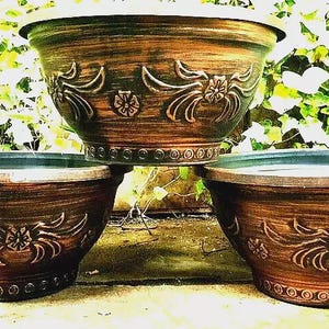 SET 3 X XL Quality Acorn Copper Modern Design Plant Pot Outdoor Garden Patio Round Recycled Plastic Planter Set 26cm Width