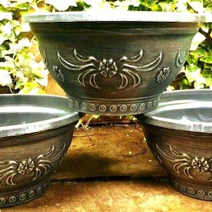 SET 3 X XL 26cm Quality Silver Anthracite Effect Design Plant Bulb Pot Outdoor Garden Patio Round Recycled Plastic Planter Set  Width ,