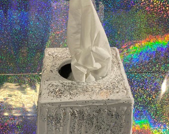 A White Sparklings Facial Tissue Box Cover with Silver Glitter