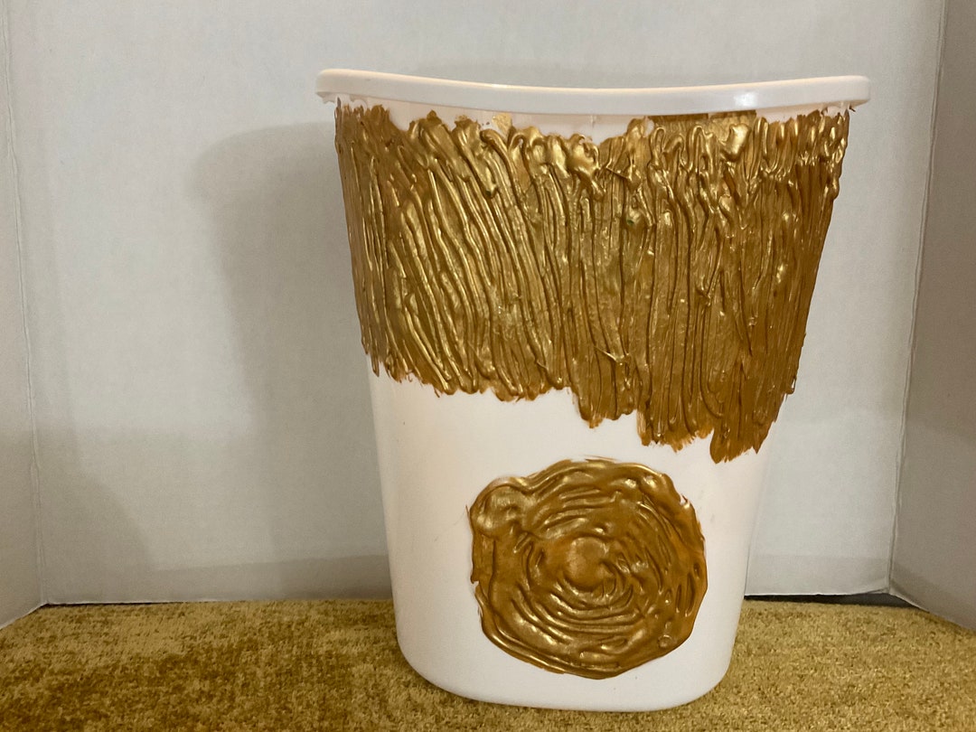 A 10.5H X 9W White and Golden Wastebasket With a Golden Etsy