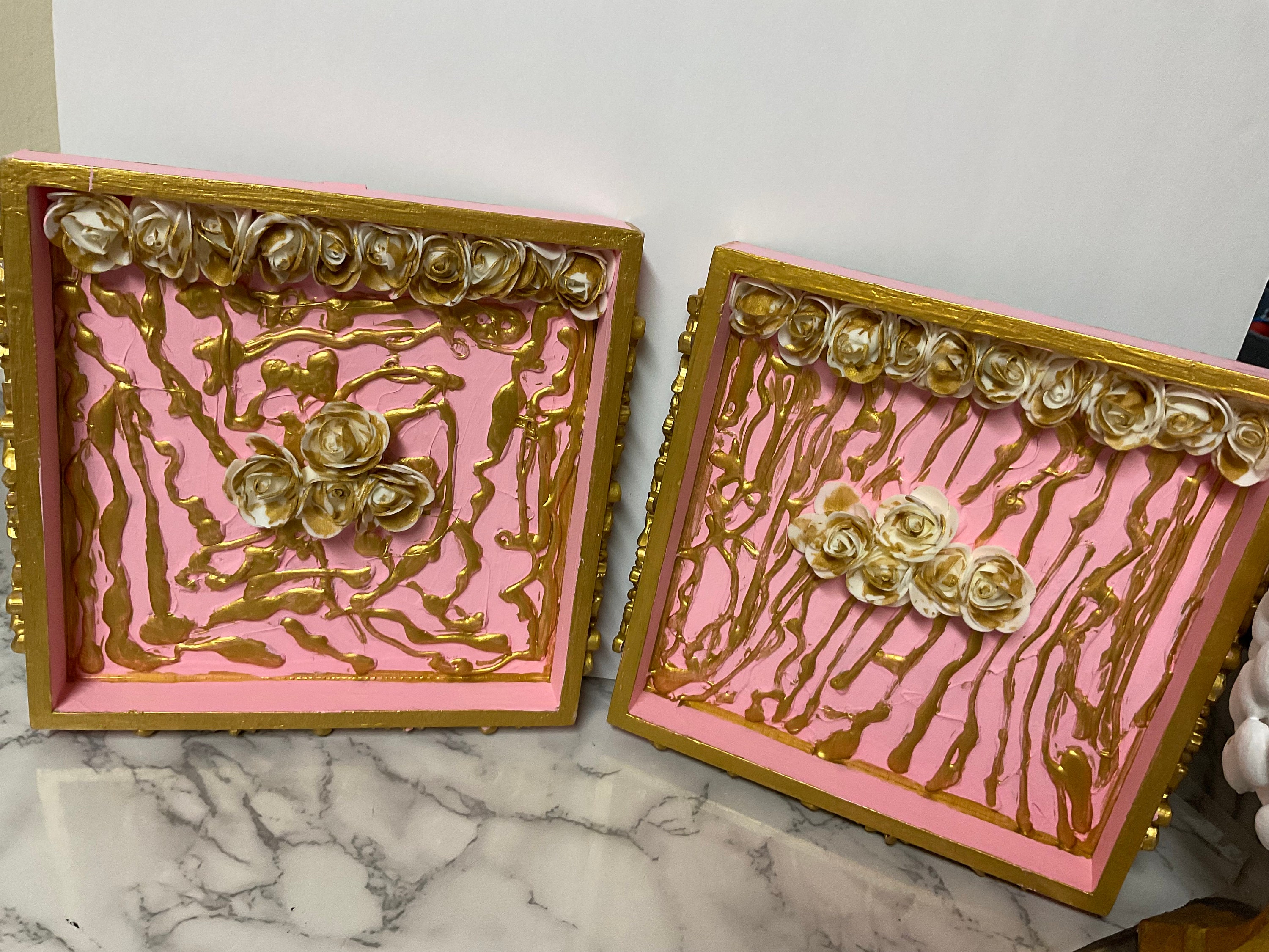 A 9T X 9W X 9L Set of 2pc Handmade Square Decorative Gold and Pink Wall Hanging Art Decor. Etsy