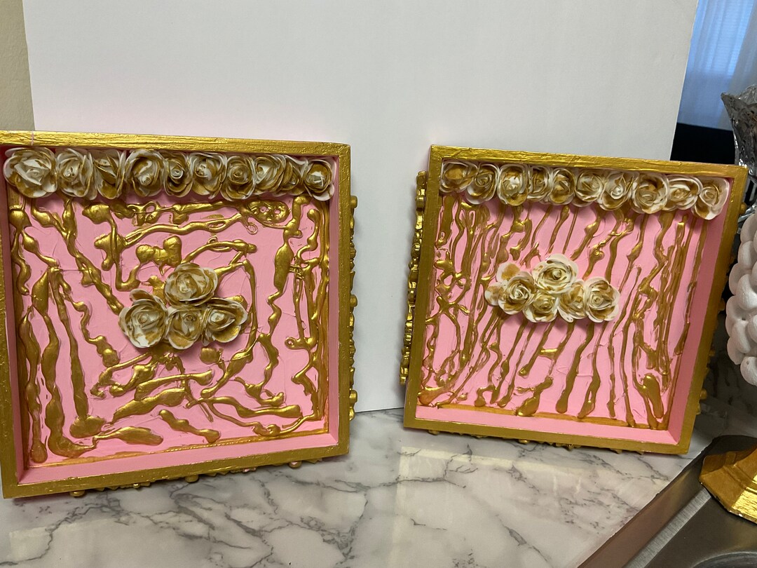 A 9T X 9W X 9L Set of 2pc Handmade Square Decorative Gold and Pink Wall Hanging Art Decor. Etsy