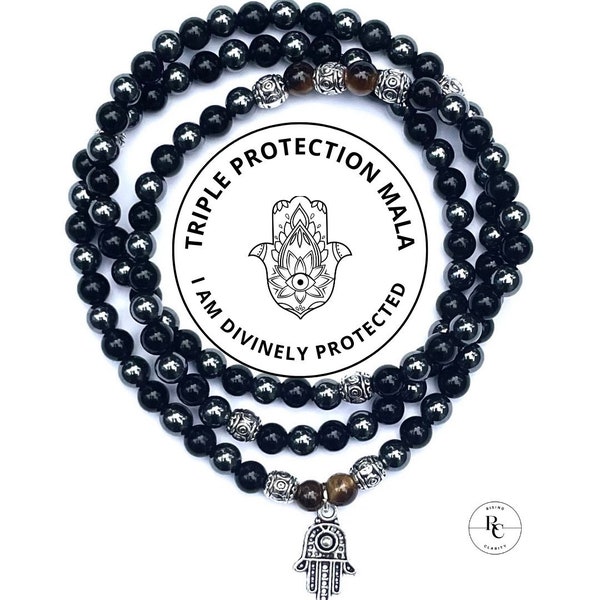 The “Triple Protection” Mala 108 beads | wrap bracelet/necklace | Hematite, Black Obsidian, Tigers Eye bracelet | gift