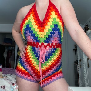 Crochet Rainbow Romper, Rave Bodysuit PREVIOUSLY WORN