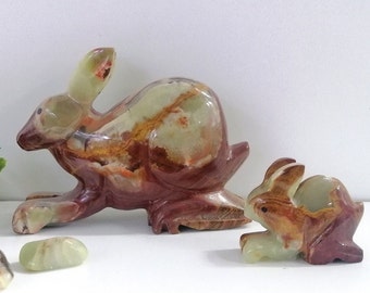 Figura de piedra de ónix, escultura animal vintage de ónix, conejo tallado a mano, ónix verde pulido