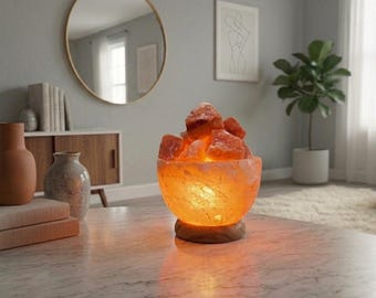 Himalayan Salt Lamp Bowl Shape with Crystals – Crystal Night Light, Ambient Table Lamp, Meditation Decor, Gift for Her / Him
