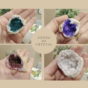 Puede incluir: Cuatro cristales de geoda con interiores de diferentes colores. Los cristales se sostienen en manos y se muestran sobre un fondo blanco. El texto "GEODE OF CRYSTAL" se muestra en el centro de la imagen.