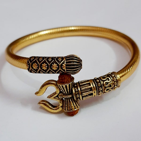 Rudraksha OM Trishul Lord Shiva Lord Mahakal Cuff Gold Bracelet Kada For Men's Or Boys, Gold Polish Trishul Bracelet