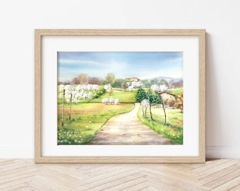 VENETO, Italy | The Cherry Hill, Original Watercolor 23 x 31 cm, countryside landscape