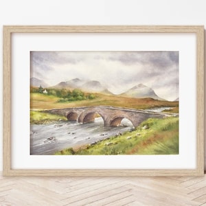 Commande d'aquarelle | Paysages écossais : Slichigan, Clava Cairn, Orchy Bridge, Glenfinnan, Viaduc et Église, Portree, Quiraing