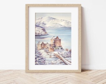 Eilean Donan Castle, Scotland | Watercolor, 21 x 30 cm, snowy landscape, Scottish castle, highlands