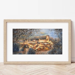 VENETO, Italia | Città di Marostica, notturno, Acquerello Originale, 15x30 cm, città storica, partita a scacchi, medievale, castello