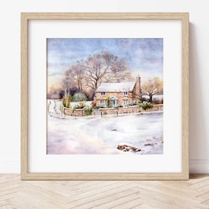 Cottage: L'amore non va in vacanza| Acquerello originale 26x26 cm, The holiday movie, rosehill, english cottage, snow