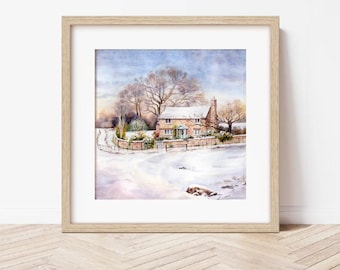 Cottage: The Holiday | Original watercolor 26 x 26 cm, The holiday movie, rosehill, english cottage, snow