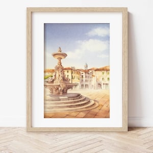 VENETO, Italia | Bassano  del Grappa, Piazza Garibaldi, Acquerello Originale, 23x31 cm, città storica, città degli alpini