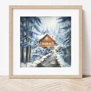 Un rifugio nella neve | Acquerello originale 21x21 cm, neve, bosco innevato, chalet,