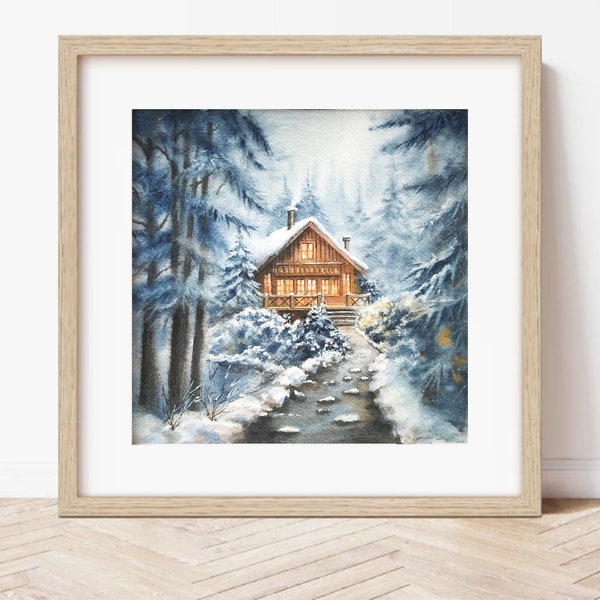 Un refuge dans la neige | Aquarelle originale 21 x 21 cm, neige, forêt enneigée, chalet,