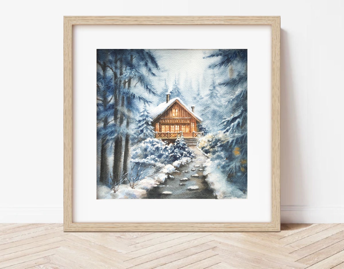 Un rifugio nella neve | Acquerello originale 21x21 cm, neve, bosco innevato, chalet,