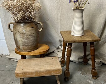 Vintage square wooden stool, wabi sabi