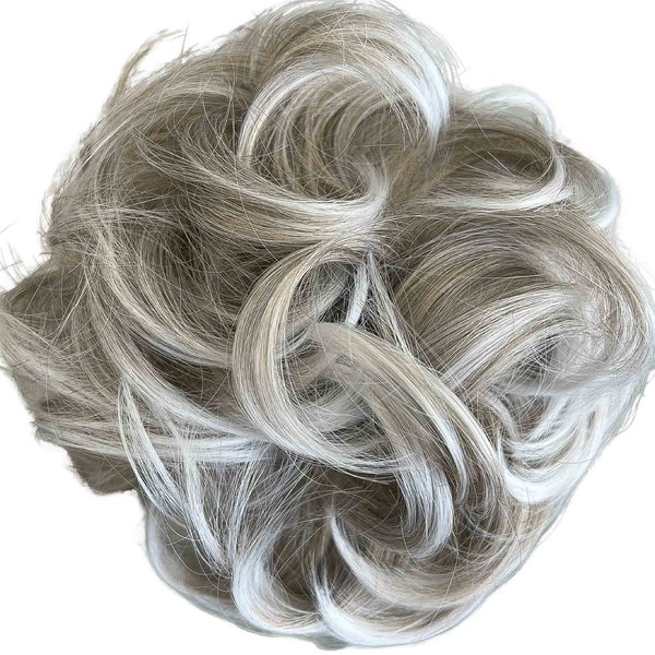 Messy Hair Bun Scrunchie Hairpiece Bun Extension light Grey Blonde Mix Hair Ponytail Hair Updo