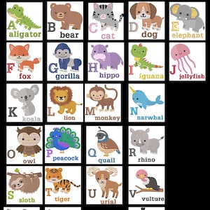 May include: A colorful alphabet chart featuring illustrated animals for each letter. The animals are depicted in a cartoon style with bright colors and simple designs. The letters are in a bold, black font.