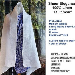 Sheer Elegance Prayer Shawl Tallit Scarf Loose Weave Sheer 100% Linen Head Covering Veil with tzitzit