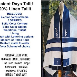 Ancient Days Tallit | 2 Color 100% Linen Medium Weight | Prayer Shawl with tzitzit & lettering