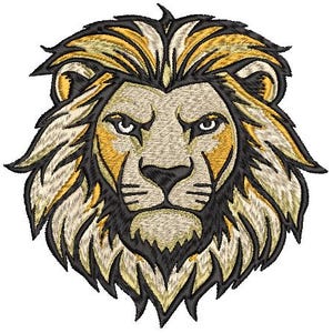 May include: A close-up of a lion's face with a yellow and brown mane. The lion's eyes are black and the nose is brown. The lion's mouth is closed and the teeth are not visible.