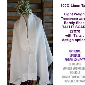 Tallit Scarf -White Bleached Handkerchief Weight Prayer Shawl Head Covering with tzitzit addon options