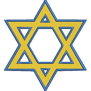 Pode incluir: Uma estrela amarela de seis pontas com contorno azul. A estrela é composta por dois triângulos sobrepostos.