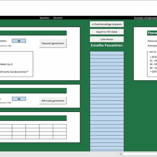 Excel Pin- und Passwort Generator | Excel Vorlage | Password Generator