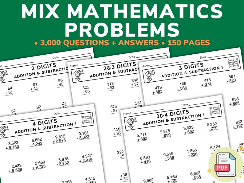 150 Printable Mix Problems Mathematics Worksheets for Kids Four Digits ...