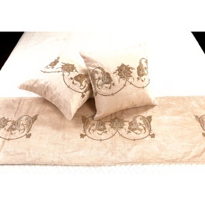 Beige Velvet Bed Runner| King/CA king/Queen/Twin Luxury Bed runner With Matching Decorative Throw Pillows Handbeaded with Leaf floral motiff