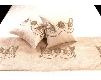 Beige Velvet Bed Runner| King/CA king/Queen/Twin Luxury Bed runner With Matching Decorative Throw Pillows Handbeaded with Leaf floral motiff