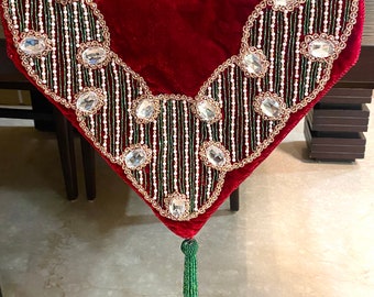 Decorative Red Velvet Table Runner Available in 11 sizes,36 to 120 Inches Handmade beaded Christmas decorations-holiday decor, gifts for her