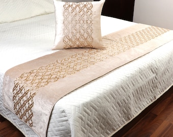 Beige Velvet Bed Runner| King/CA king/Queen/Twin Luxury Bed runner With Matching Decorative Throw Pillows Handbeaded with criss cross Design