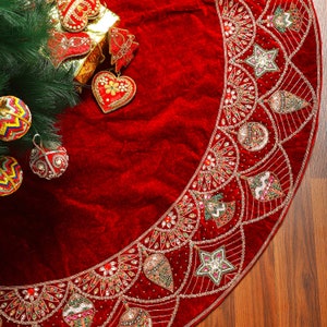 Red Velvet Christmas Tree Skirt 60" Handmade Large Tree Skirt ornament beaded Luxury Christmas decorations Holiday Heirloom Christmas gifts