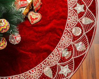 Red Velvet Christmas Tree Skirt 60" Handmade Large Tree Skirt ornament beaded Luxury Christmas decorations Holiday Heirloom Christmas gifts