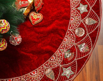 Red Velvet Christmas Tree Skirt 60" Handmade Large Tree Skirt ornament beaded Luxury Christmas decorations Holiday Heirloom Christmas gifts