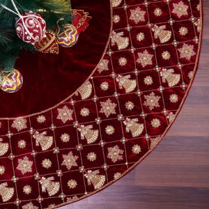 60" Christmas Tree Skirt Jingle Bell & Snowflake Grace Extra Large Christmas Tree Skirt Red velvet tree skirt Christmas decorations