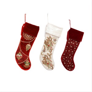 Handmade Velvet Christmas stocking set of 3 ,Luxury Christmas Gift box, Family christmas heirloom, christmas decorations - Red & white