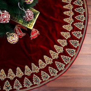 60" Christmas Tree Skirt Gemstone Enchanted Forest Christmas Tree Skirt Large Red velvet tree skirt Christmas decorations